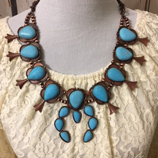  Squash Blossom Turquoise Necklace-Reproduction Squash Blossom-Copper Blue Turquoise Necklace- Free Shipping-Western Jewelry