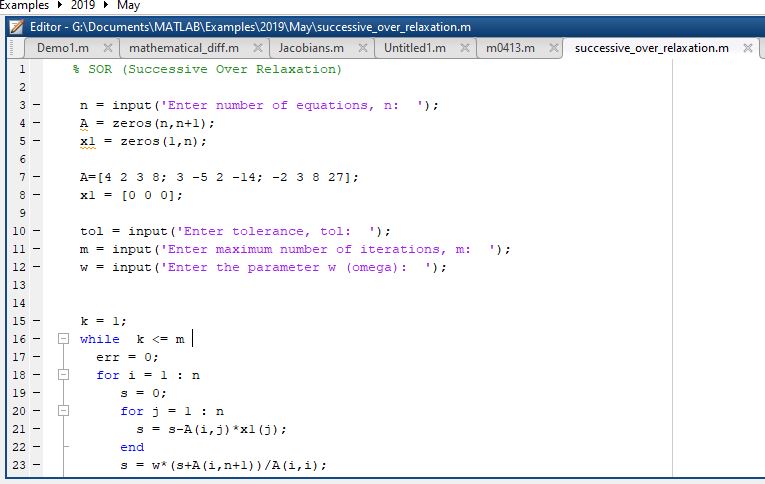 MATLAB Program for Successive Over-Relaxation (SOR) - MATLAB Programming