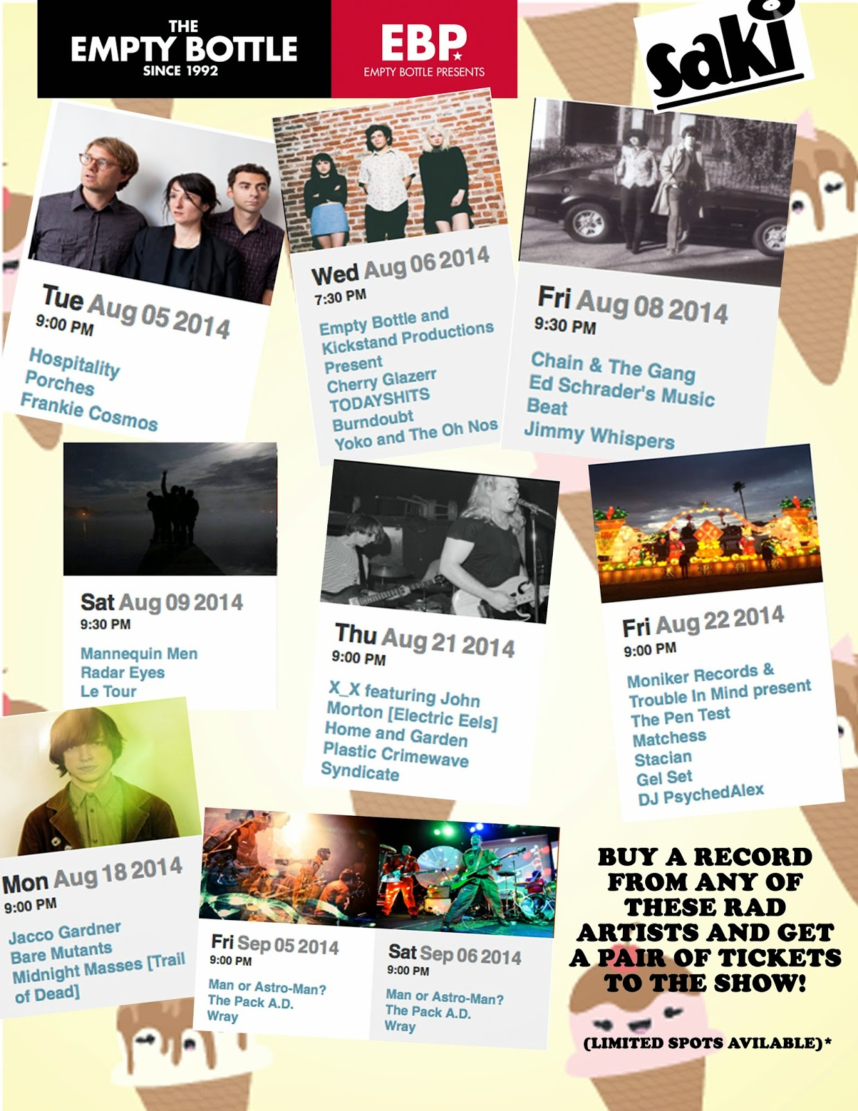 Empty Bottle Ticket Giveaways! saki • music art books zines people