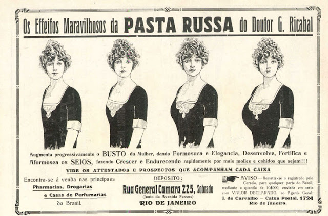 Propaganda da Pasta Russa veiculada em 1920: aumentar volume dos seios das mulheres.
