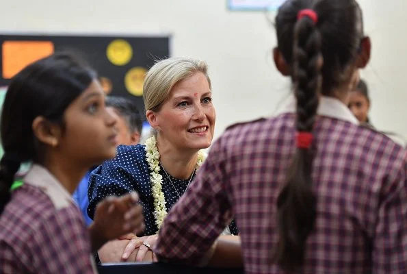 Countess Sophie wore ARoss Girl printed dress in cotton polka dot in navy. Girls Senior Secondary institution