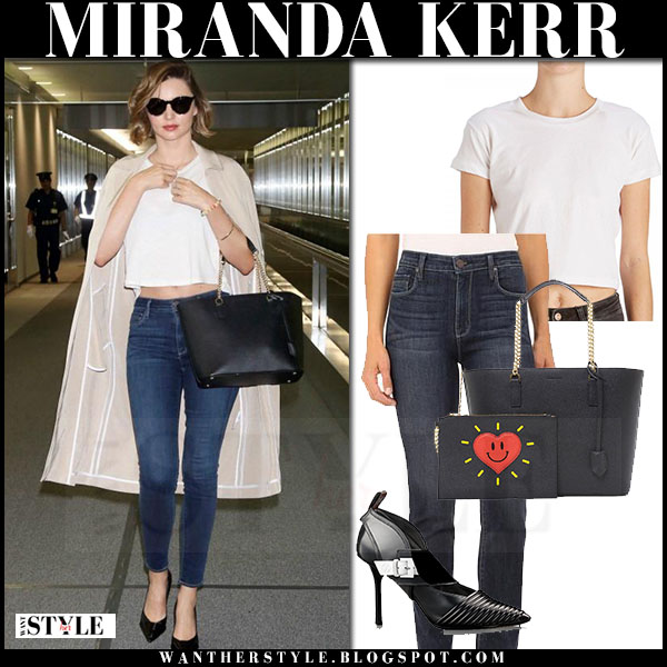 Miranda Kerr in white crop top and dark wash skinny jeans in Tokyo on ...