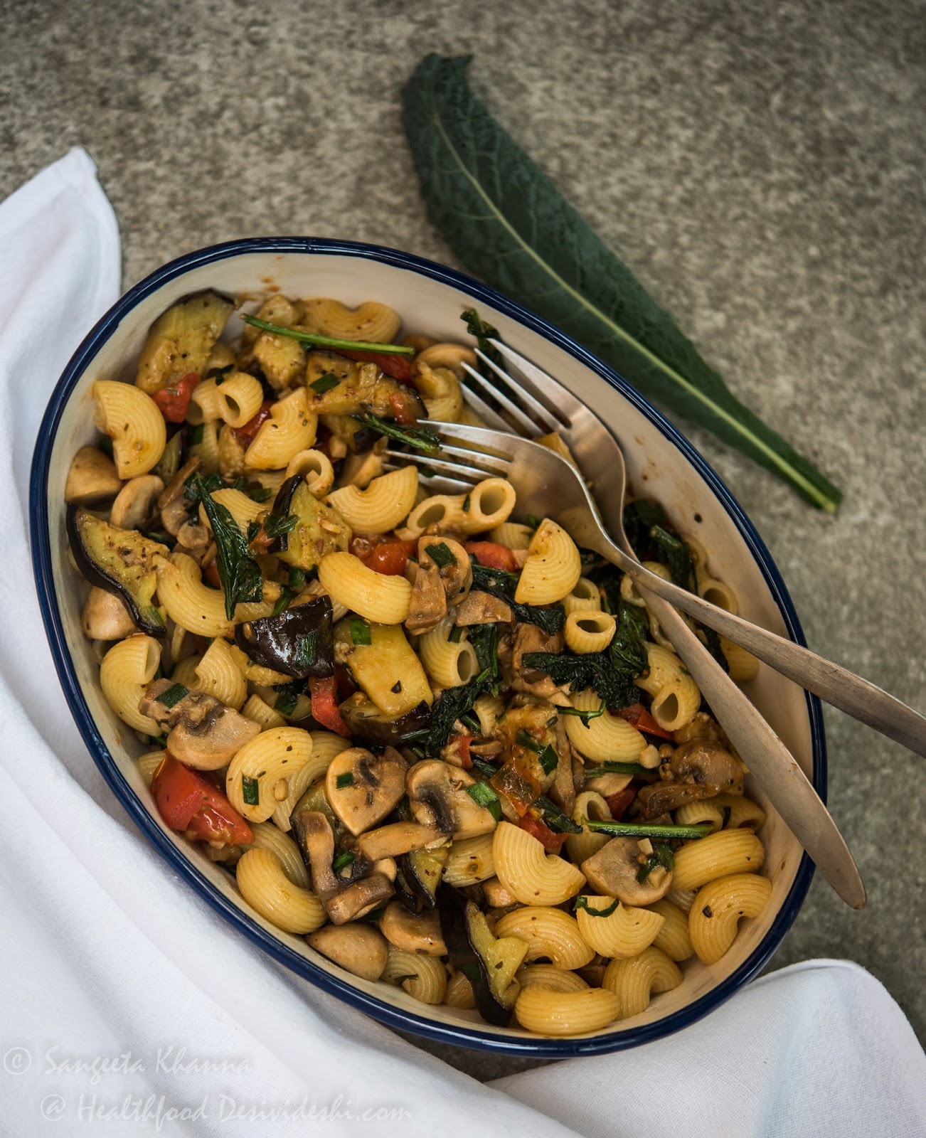 pasta with kale, mushrooms, eggplant and tomatoes