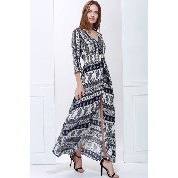 Plunging Neck 3/4 Sleeve Printed Maxi Dress
