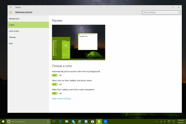 Sfondo, colori e menu' Start di Windows 10