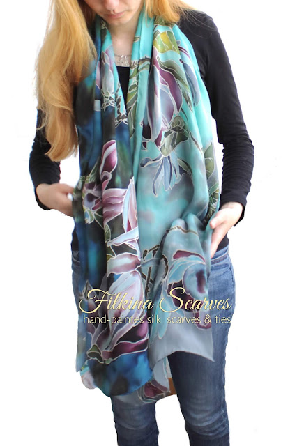 #FilkinaScarves - ORDER on my Etsy shop: https://www.etsy.com/shop/FilkinaScarves ****** Gift for her, mother bride gift, silk scarf blue, silk scarf painted, silk chiffon scarf, Unique silk scarf, Floral silk chiffon, women Silk Scarves, Hand Painted Silk, Silk Scarf Chiffon, Chiffon Hand Painted, Painted Magnolia, Travel outfit, Birthday Mother gift, Summer scarf #ooak  #motherofthebride #silkscarf #bluescarf #summerfashion #chicscarves #birthdaygifts #giftforher #magnolia #silkpainting #Travelaccessory #traveloutfit