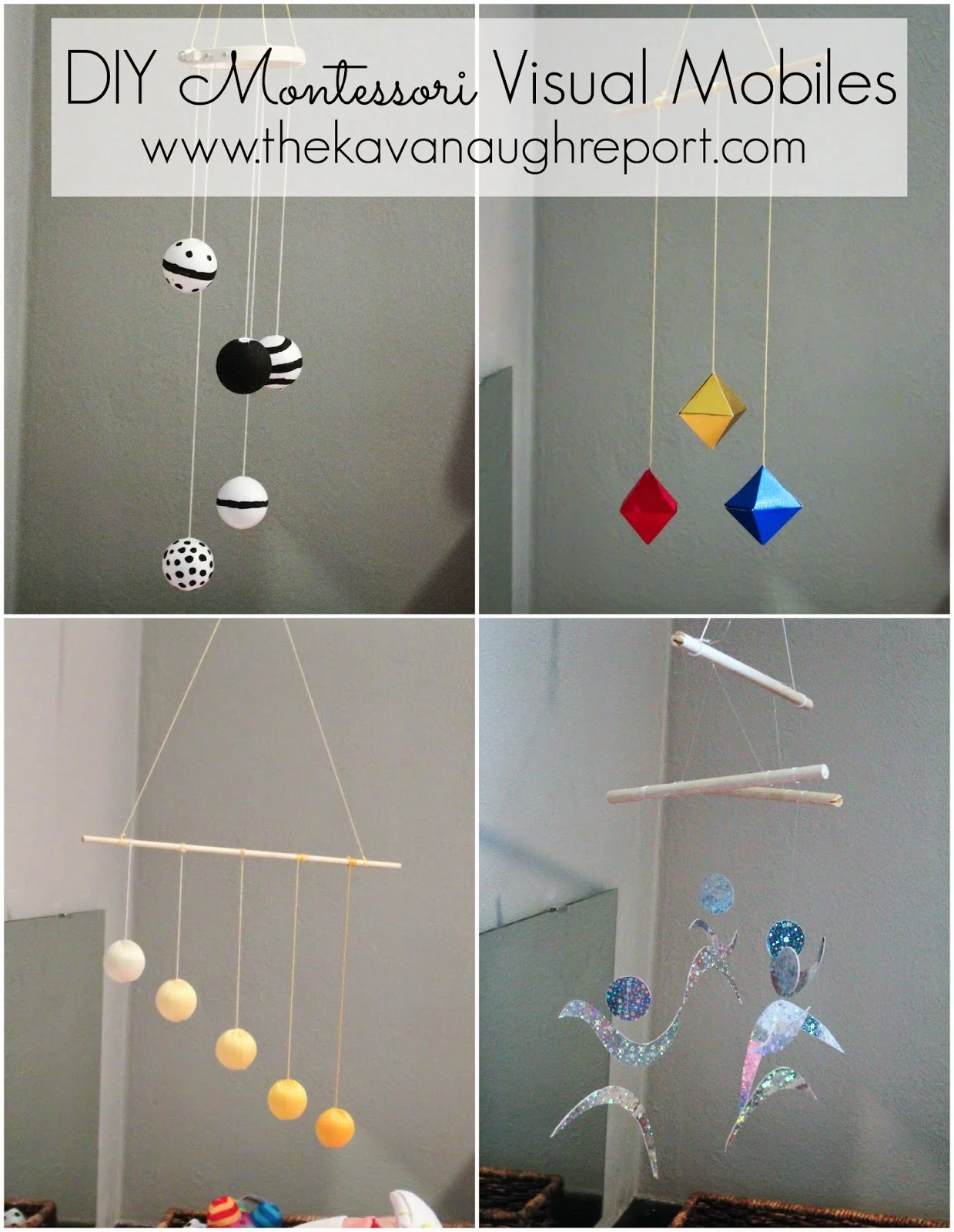 An overview of the Montessori baby visual mobile series. The visual series includes the Munari, Octahedron, Gobbi and Dancers mobiles and are the first work for infants from birth until they are several months old.