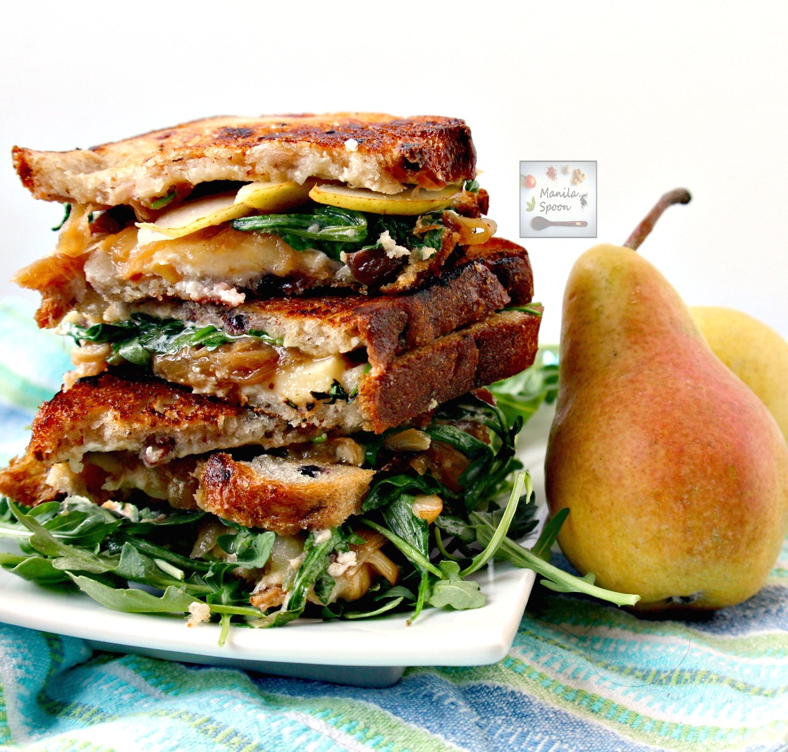A burst of flavors - fruity sweet, cheesy, herby and buttery yum greet your taste buds with each bite of this delicious Fall sandwich - Pear, Honey, Cheese and Caramelized Onion Sandwiches!