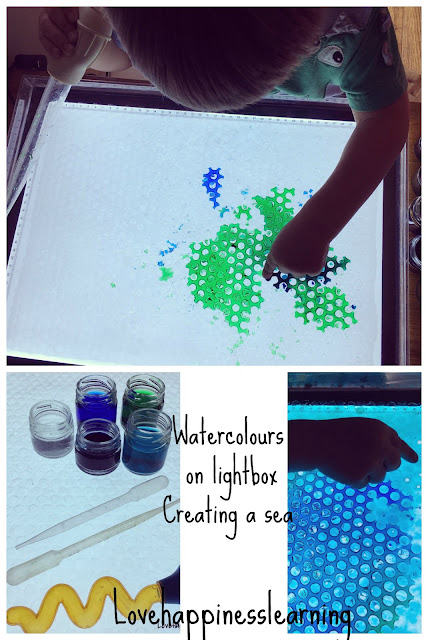Creating a sea with liquid watercolours on lightbox 