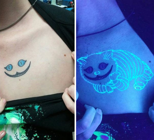 #15. Cheshire cat from Alice in Wonderland. - 30 Glow-In-The-Dark Tattoos That’ll Make You Turn Out The Lights. #15. Cheshire cat from Alice in Wonderland. - 30 Glow-In-The-Dark Tattoos That’ll Make You Turn Out The Lights.