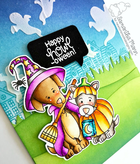 Happy Howl-oween Card by Samantha Mann for Newton's Nook Designs, Distress Inks, Oxide Inks, Halloween, Cards, stencil, Zig Clean Color Real Brush Markers #distressinks #inkblending #halloween #cards #newtonsnook