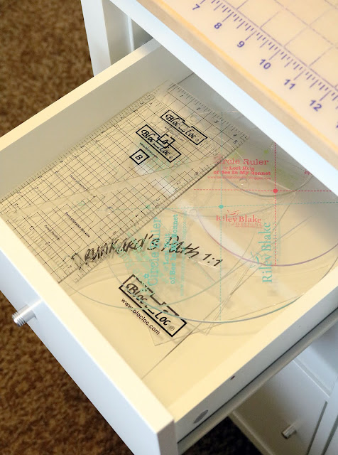 Sewing Room organization tips on how to store tools and quilting rulers from A Bright Corner