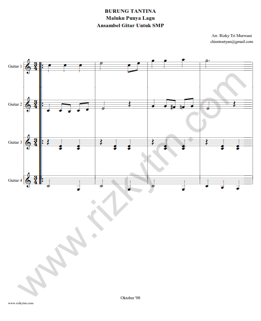 Download Partitur Ansambel Gitar Burung Tantina Untuk Anak Sd