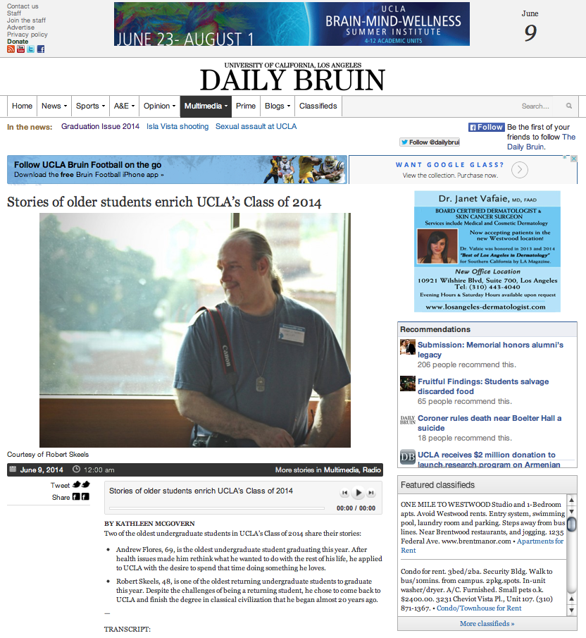 Robert D. Skeels featured in the UCLA Daily Bruin 2014 Graduation Issue and Radio
