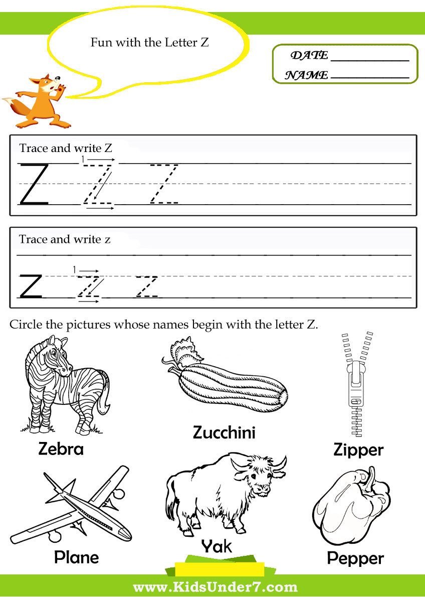 Kindergarten Worksheets Letter Z - free instant download complete a to