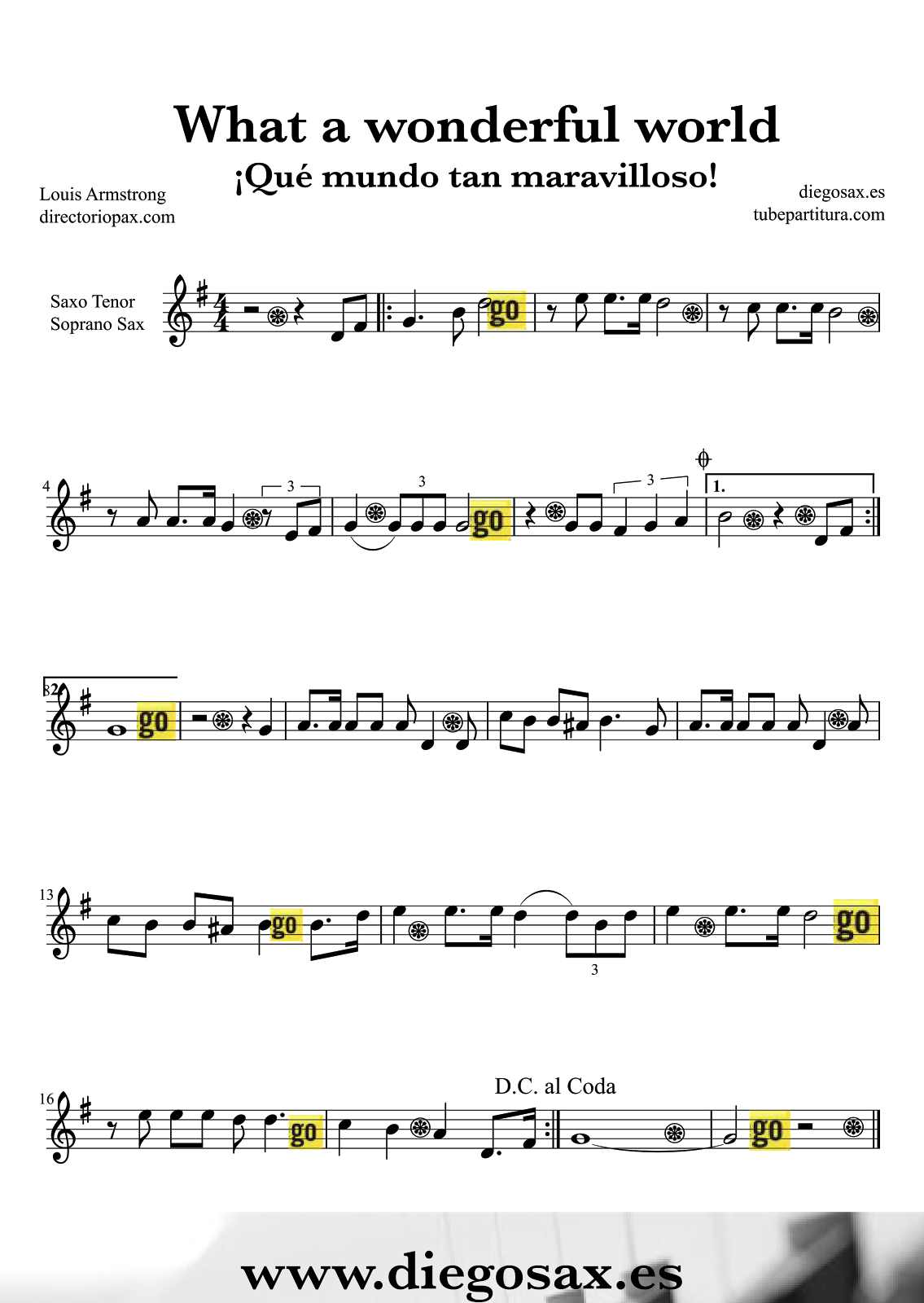 diegosax What a Wonderful World by Louis Armstrong Partitura para