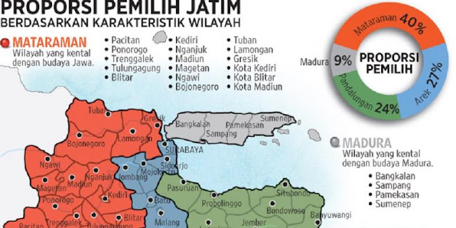 Daerah-daerah yang merupakan kawasan Arek dengan warna biru. Terdapat dua kota metropolitan di dalamnya, Surabaya dan Malang serta beberapa kota industri, Mojokerto dan Sidoarjo. Di dalam Kawasan Arek juga terdapat populasi suku Madura dengan jumlah yang cukup signifikan. (Gambar diambil dari Kompas.com)