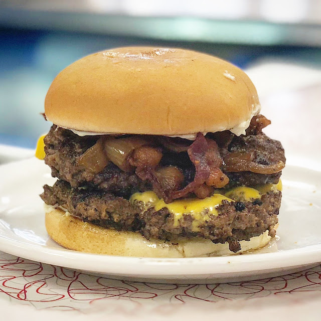 Dearman's Classic Double Cheese Burger with Bacon and Grilled Onions