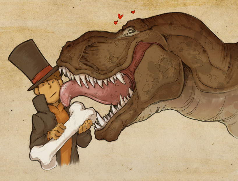 Mezclando al Profesor Layton con un T-Rex.