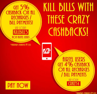 Get 5% cashback on non-airtel recharge/ bill payment & 4% cashback on airtel recharge/ bill payment