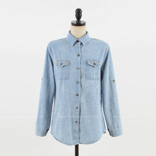 [Miamasvin] Studded Washed Denim Button Down Shirt | KSTYLICK - Latest ...