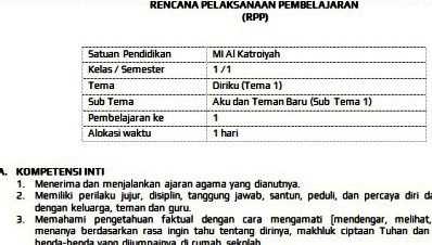 RPP K-13 revisi 2017 Kelas 1 Tema 1