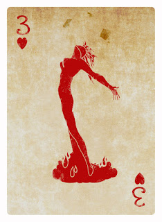 The three of hearts for this card of the Loss Deck features a burning woman.