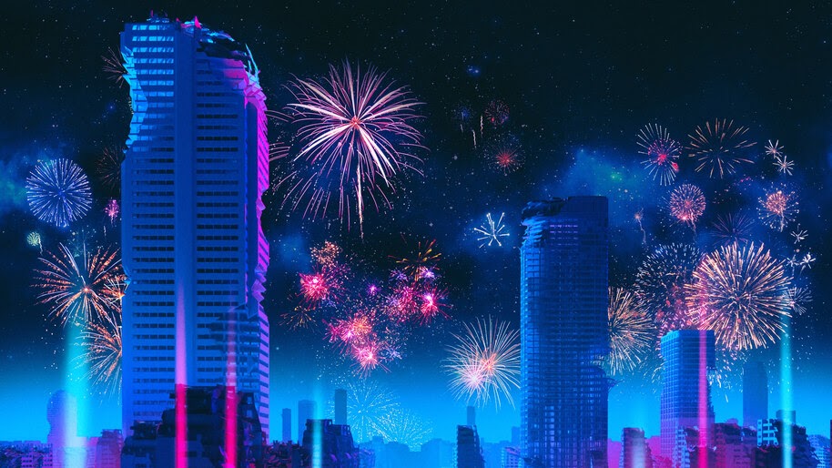 City, Fireworks, Buildings, Scenery, Digital Art, 4K, #4.2051