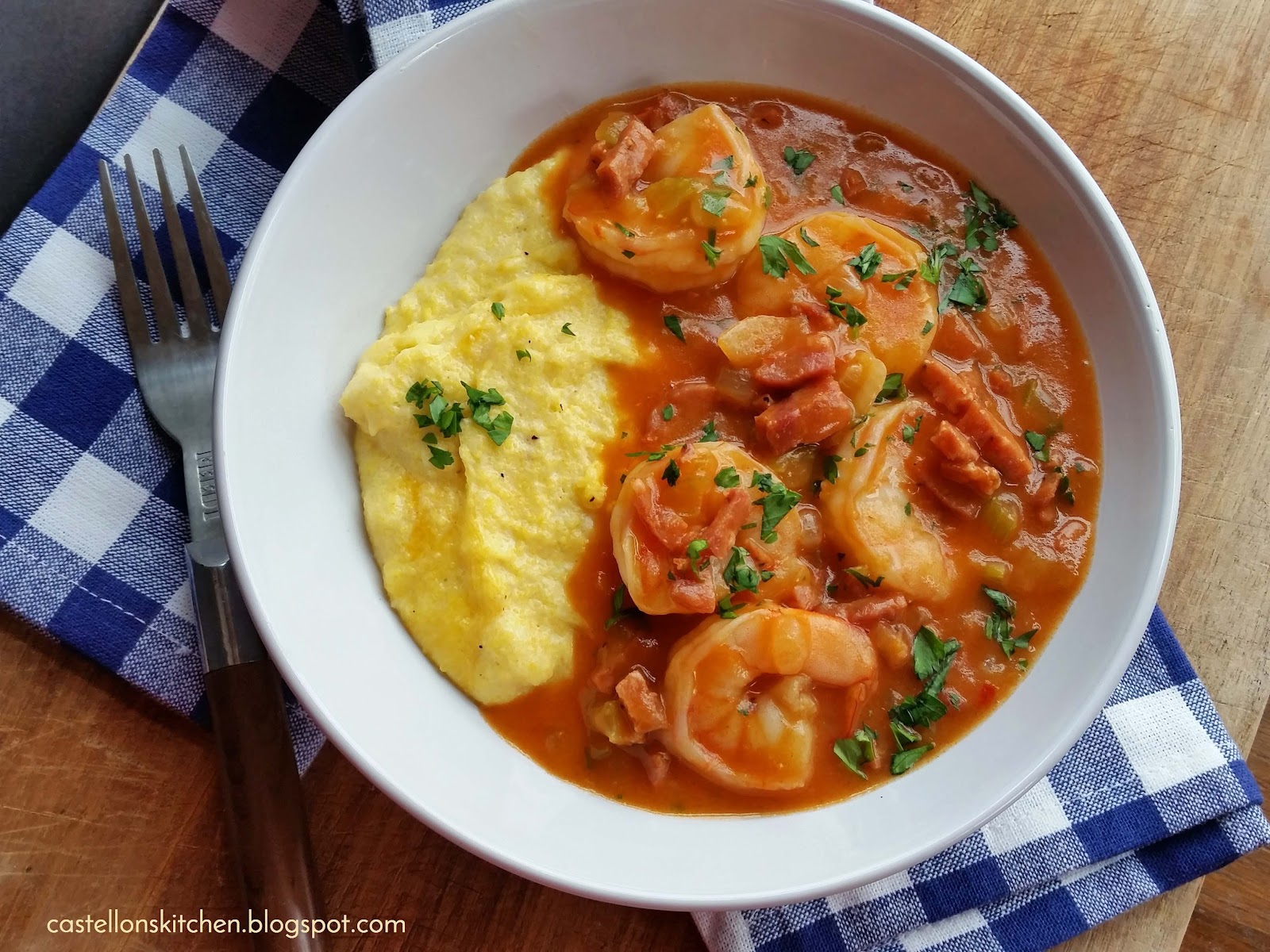 Castellon's Kitchen Shrimp and Andouille Sausage with Cheesy Grits