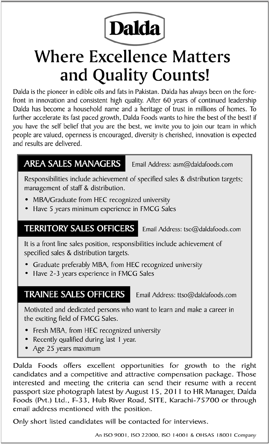 ADVERTISED JOBS ON NEWSPAPERS DAWN JANG EXPRESS DALDA FOODS JOBS AREA