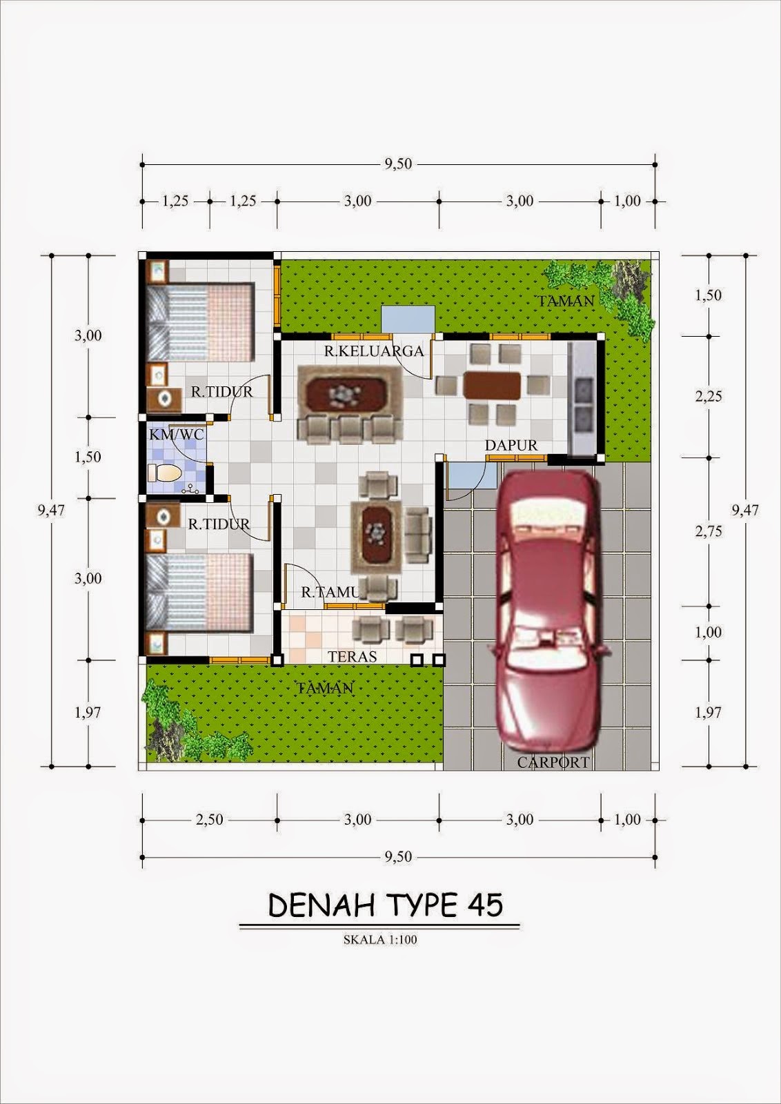 Denah Rumah Minimalis Type 45  1 Lantai Terbaru 2022 