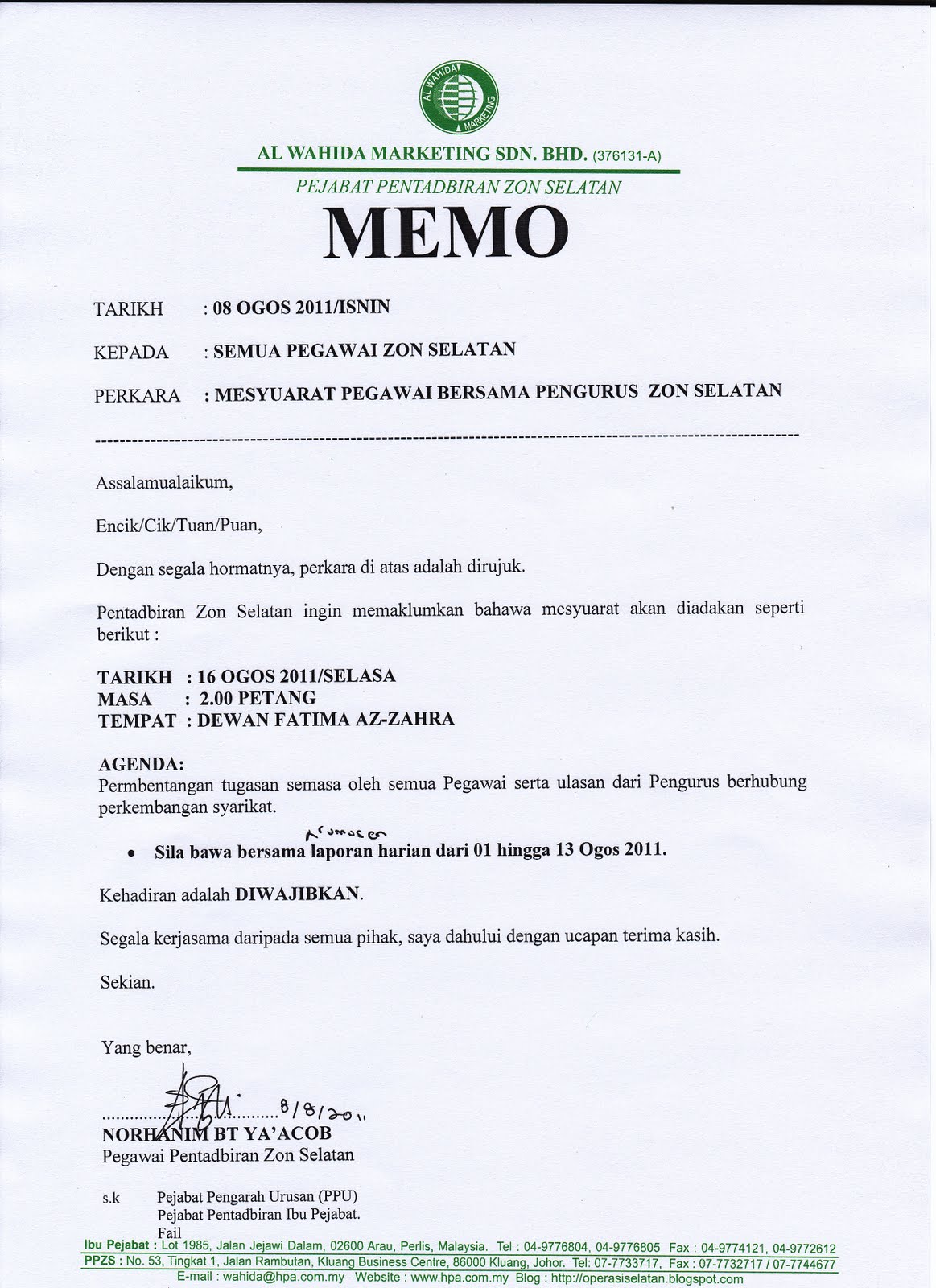 Rasmi contoh memo Contoh Memo