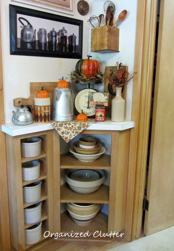 A Trio of Pumpkins in a Fall Kitchen Vignette | Organized Clutter