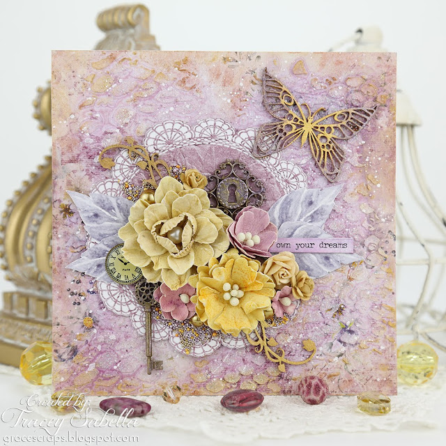 "Own Your Dreams" Mixed Media Card by Tracey Sabella for Studio75 #studio75 #mixedmedia #mixedmediacard #shabbymixedmedia #shabbychic #shabbychiccard #finnabair #primamarketing #49andmarket #timholtz #thecraftersworkshop #helmar