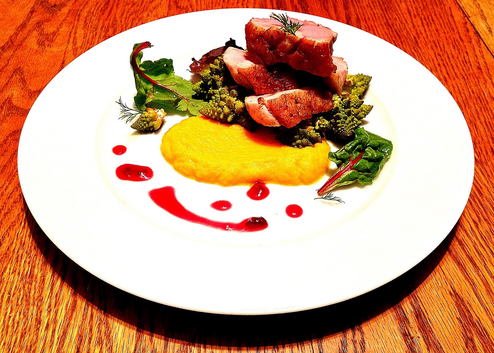 The Graffiti Cookery Recipe Roasted Duck, Cherry Gastrique, Carrot Puree, Romanesco