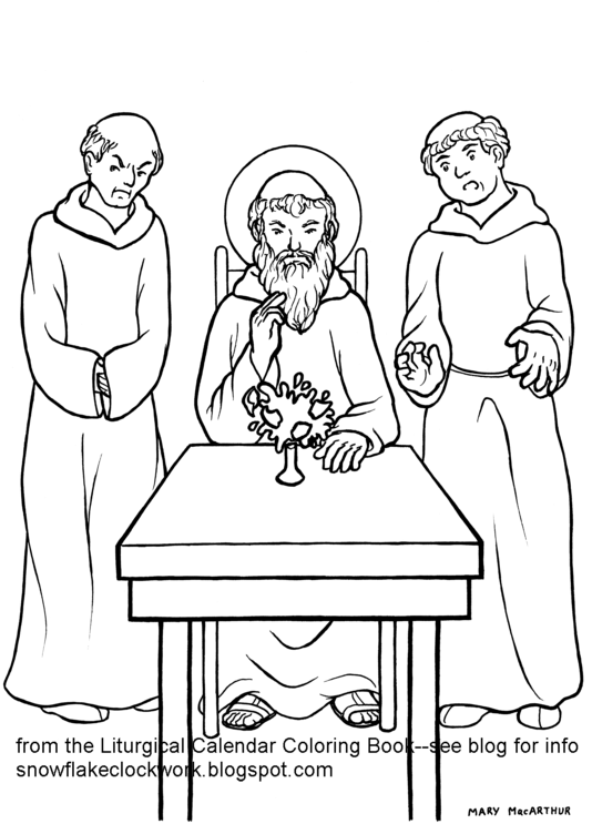Snowflake Clockwork: St. Benedict coloring page--July in two parts!