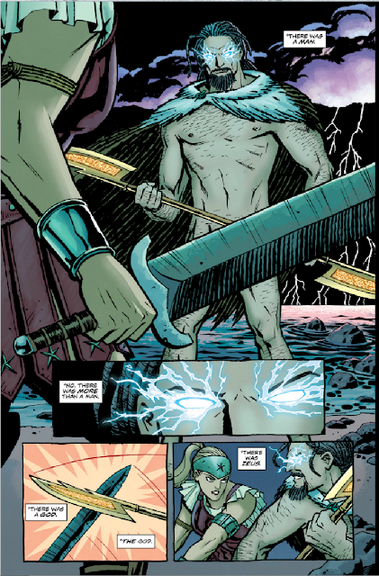 Images from Wonder Woman #2 (2011) by Brian Azzarello and Cliff Chiang depicting Zeus and Hippolyta in combat with Hippolyta's textual dialogue: "There was a man. No, there was more than a man. There was a God. The God. There was Zeus."