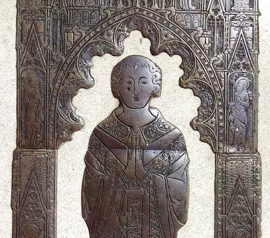 Brass of William de Kestevene, priest at St Mary's from 1344 until his death in 1361  Image by the North Mymms History Project, released under Creative Commons BY-NC-SA 4.0