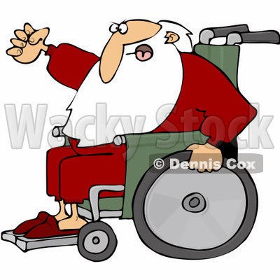 Color illustration of Santa Claus in a wheelchair, looking angry and shaking his fist