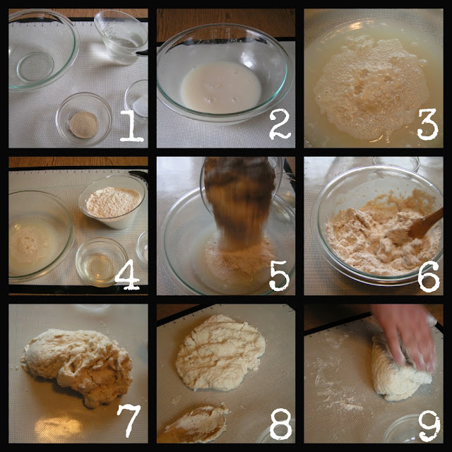 Photo collage for steps 1 to 9 for homemade pizza dough recipe.