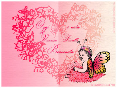 Ghirlanda a cuore con fiocco e bimba farfalla: cartoncino nascita