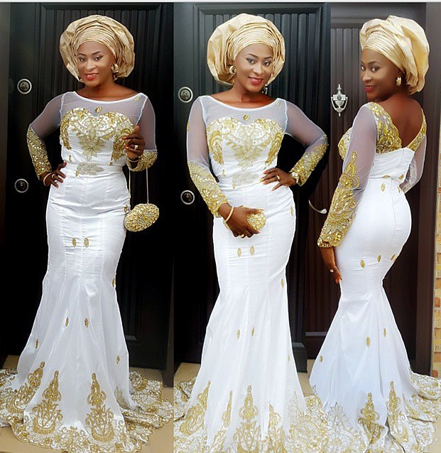 white lace and gold gele