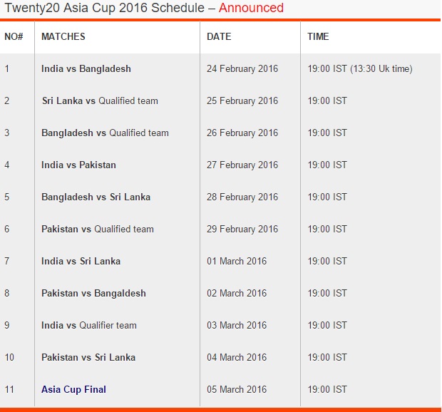 2016 Cricket T20 Asia Cup Schedule, Asia Cup T20 Date Time