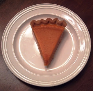 slice of pumpkin pie on a white plate