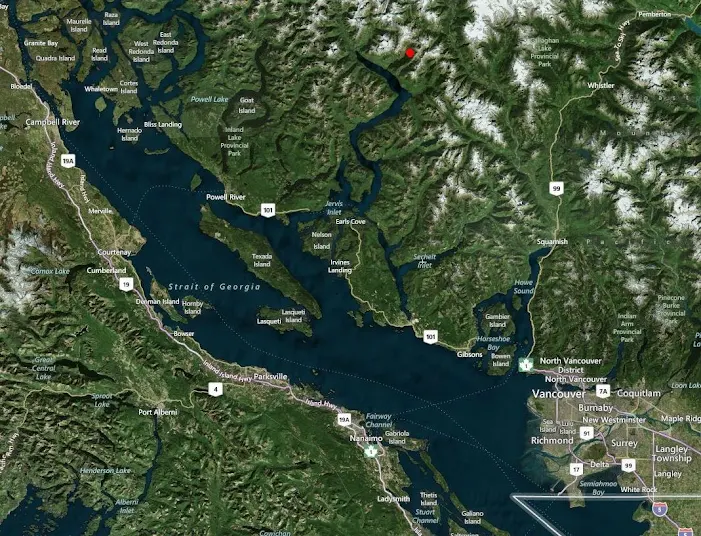 Chart - map showing sunshine coast from Vancouver to Malibu Rapids