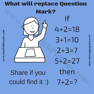 If 4+2=18, 3+1=10, 2+3=7, 5+2=27 Then 7+2=?. Can you solve this Logical Math Puzzle Question for 6th Grade School Students?