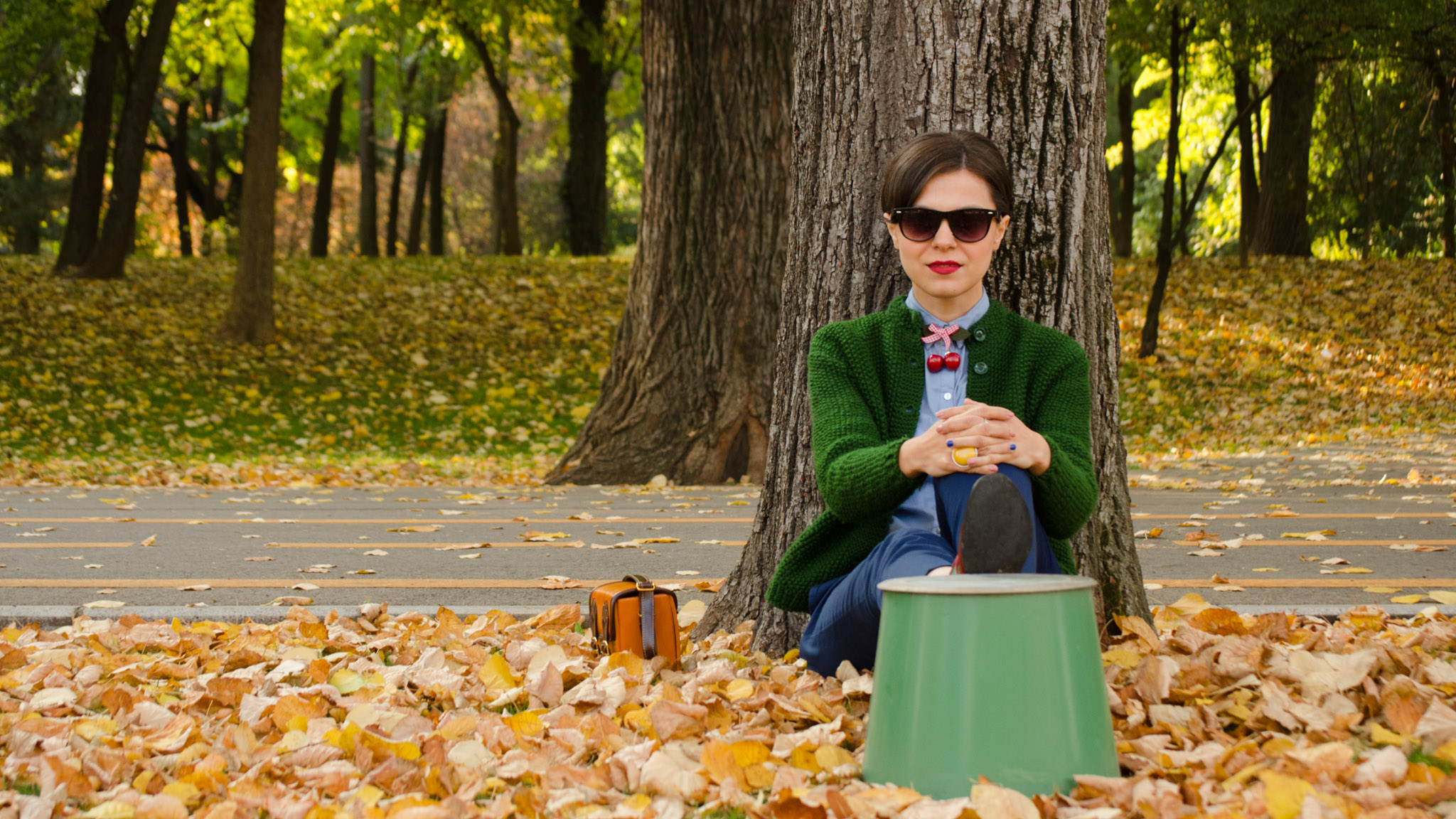 navy blue pants knitted green sweater shirt mustard square bag cherries h&m thrifted  burgundy man shoes oxford autumn scenery yellow leaves