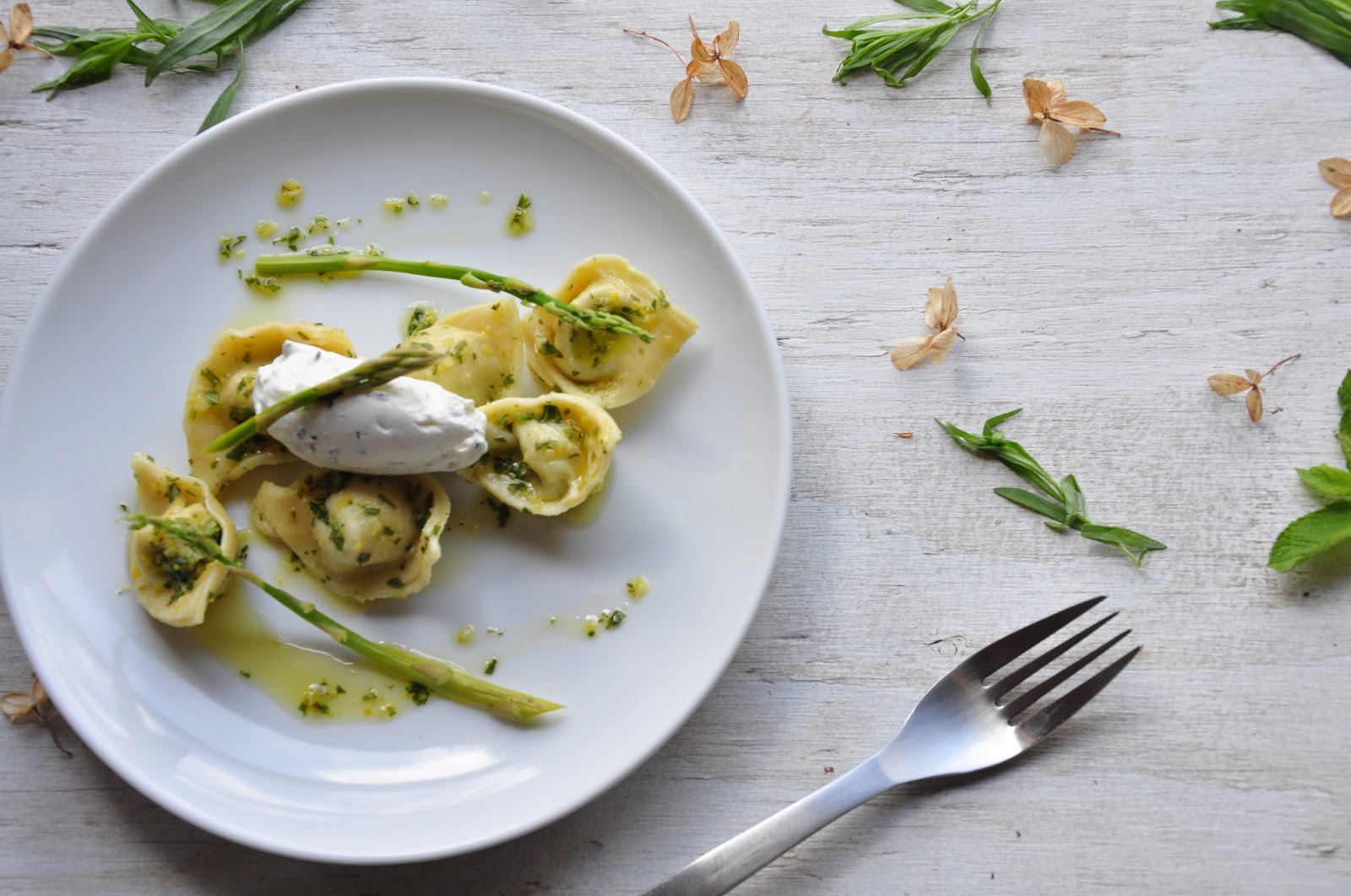 Asparagus tortellini with tarragon gremolata, olive oil and lemon and
