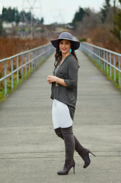 Affordable Over the Knee Boots with Gray Floppy Felt Hat