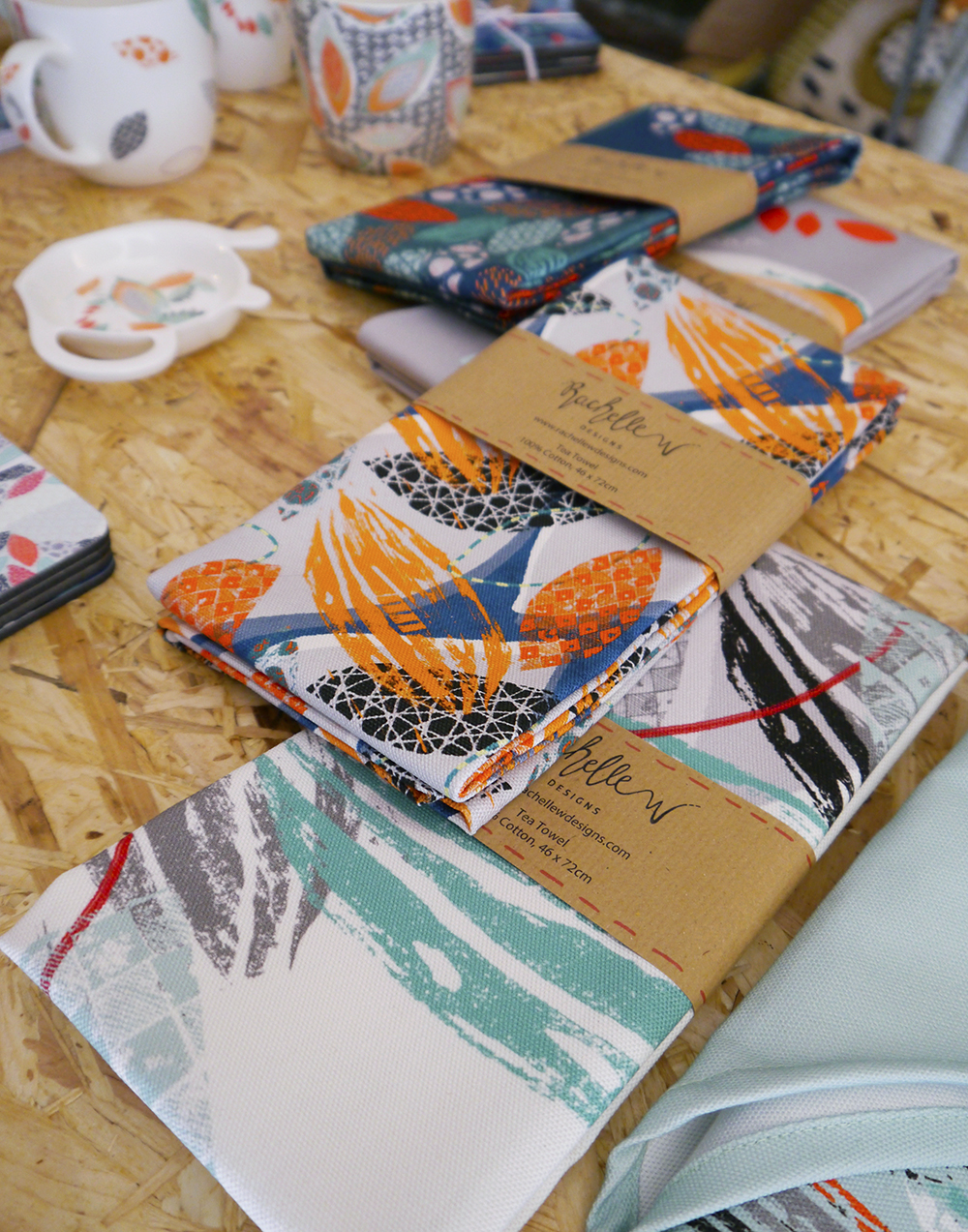 Rachelle W Designs at Tea Green Concept Atelier Tea Green Events, Concept Atelier, pop up shop, Dundee, The Old Flour Mill, Tea Green, Scottish design, Scottish designers, Dundee designers, Dundee bloggers, Scottish bloggers, Rachelle W Designs, colourful tea towels, printed textiles, printed mugs, colourful coasters, homewear